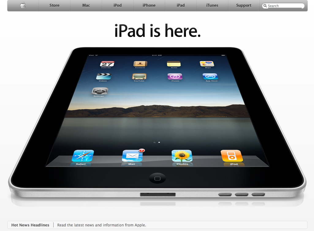 Apple homepage announcing the original iPad (2010)